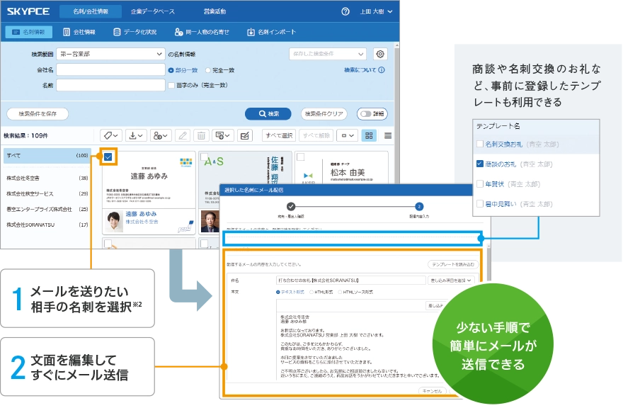 名刺を選んで商談後のお礼メールを素早く送信、顧客との関係構築をサポート