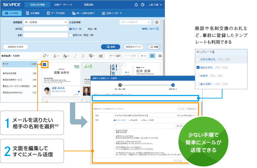 名刺を選んで商談後のお礼メールを素早く送信、顧客との関係構築をサポート